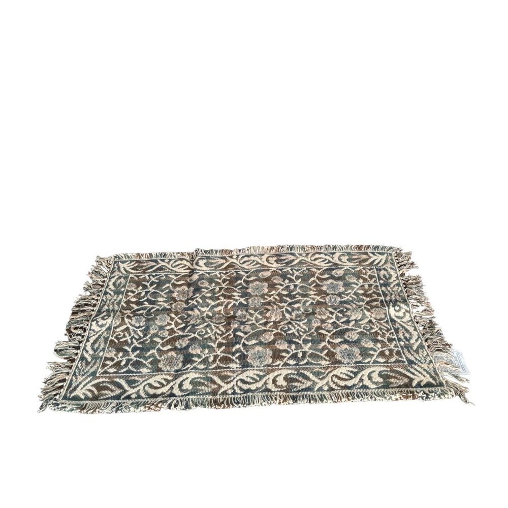 Jacquard Rug 100% Cotton 20x40 including Fringe Cream, Green and Brown New